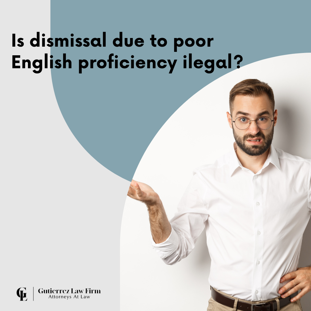 Photo of man in glasses and text saying "is dismissal due to poor English proficiency ilegal?" from Gutierrez Law Firm's website, a firm of Oxnard employment attorneys.